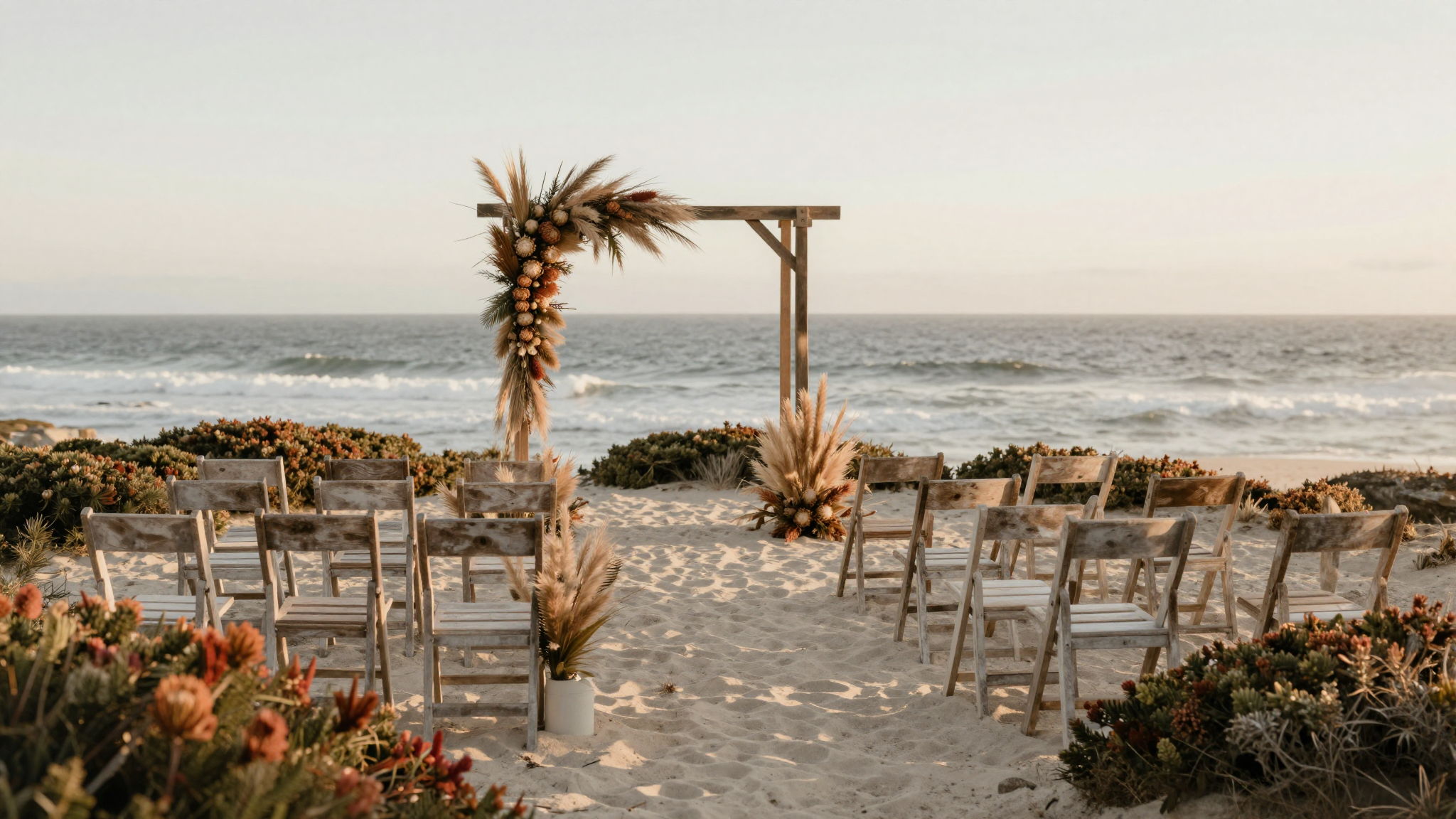A clifftop ceremony setup in Hermanus — wooden ceremony arch, dried fynbos and protea installation, weathered chairs facing the Atlantic.